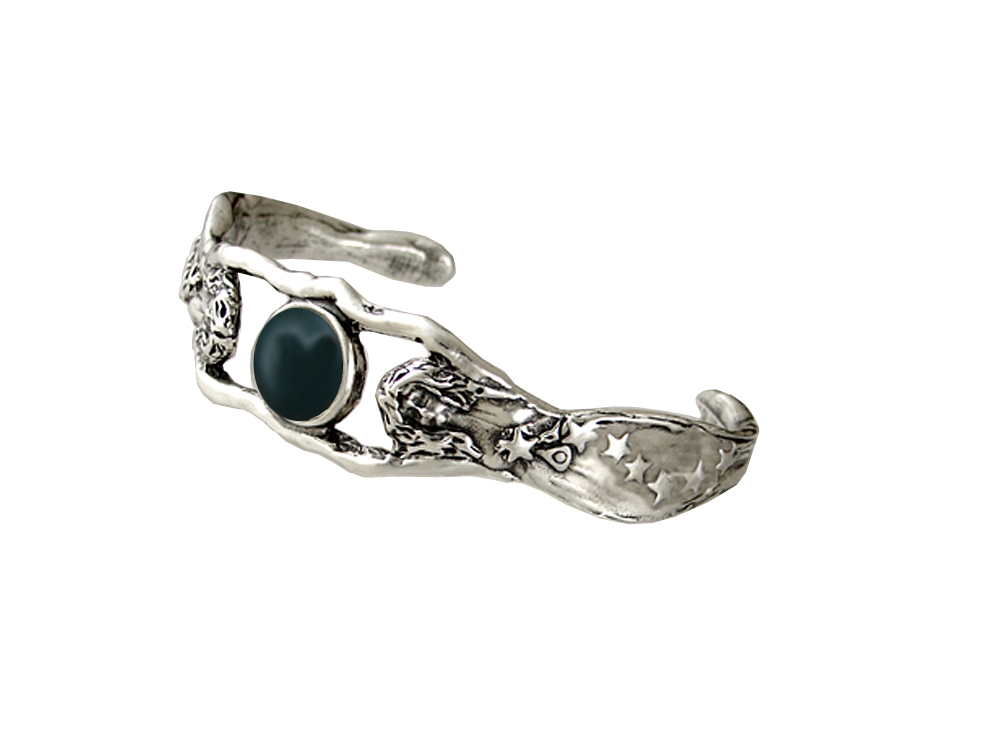 Sterling Silver Fairy Woman Maidens Handmade Cuff Bracelet With Bloodstone